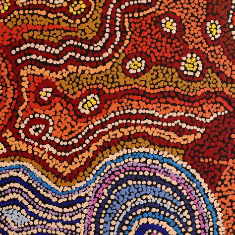 Please enjoy Audrey Brumby's beautiful large-scale painting🙂❤️ This brilliant work is 220x142cm and is $6169 with free express post🙂🙏 "People go out to the rockholes to get kapi (water) we know the names from a long time ago for all the rockholes, when it rains, we know there is big kapi in the rockhole and we can get fresh water." For the Pitjantjatjara people living in the central and western desert, knowledge of the water sources was crucial to survival. The deep familiarity with their... Aboriginal Art Symbols, Aboriginal Art Dot Painting, Western Desert, Acrylic Paint On Canvas, Art Centre, Aboriginal Artwork, Desert Painting, Aboriginal Artists, Water Sources