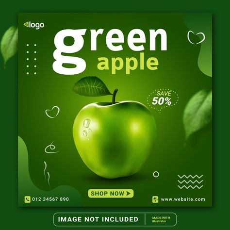 Green apple fruits social media instagra... | Premium Vector #Freepik #vector Apple Poster Design, Green Social Media, Creative Social Media Post, Food Brand Logos, Social Media Poster Design, Apple Festival, Green Poster, Facebook Post Design, Photoshop Tutorial Typography