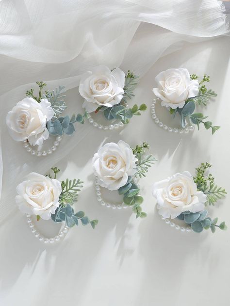 Multicolor Glamorous,Romantic Collar  Polyester   Embellished   Wedding & Event Dusty Blue And Sage Green Boho Wedding, Mother Of Bride Corsage Wristlets, Pearl Wedding Decor, Pearl Wedding Decorations, Homecoming Corsage, Baby Blue Weddings, Blue Winter Wedding, Wedding Corsages, Blue Gold Wedding