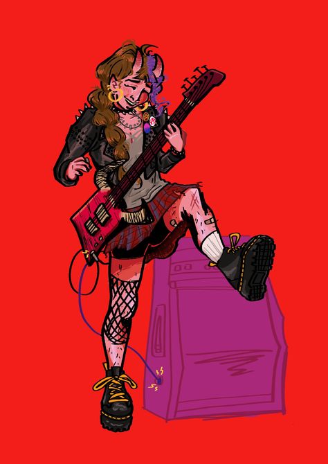 Digital drawing of Fig Faeth from Fantasy High, depicted in very saturated colors, passionately playing her electric guitar to the left of a purple amp in a bright red background. Fig Faeth Fanart, Fig Faeth, Fantasy High, Art Inspiration Drawing, Fig, Art Inspiration, Fan Art, Drawings, Art