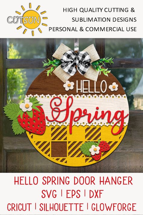 Spring Strawberries, Easter Eggs Ideas, Spring Door Hangers, Summer Door Hangers, Diy Door Decor, Spring Diy Projects, Eggs Ideas, Door Hanger Svg, Rustic Decorations