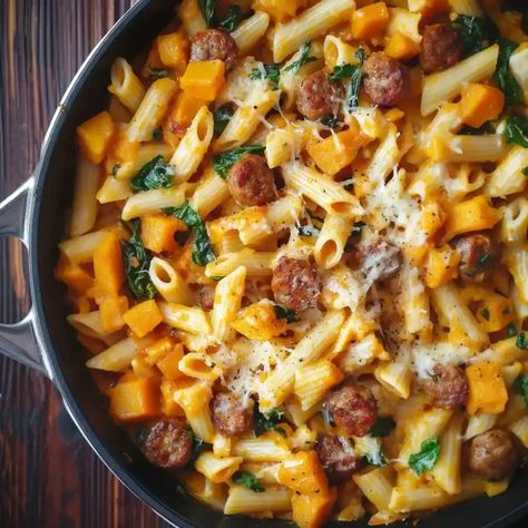 Creamy Butternut Squash Pasta with Sausage - Better Homebase Butternut Squash Pasta With Sausage, Butternut Squash Sausage Pasta, Asiago Chicken Pasta, Autumn Pasta, Creamy Butternut Squash Pasta, Sausage Meals, Butternut Squash Recipes Pasta, Butternut Squash Sausage, Sausage Spinach Pasta