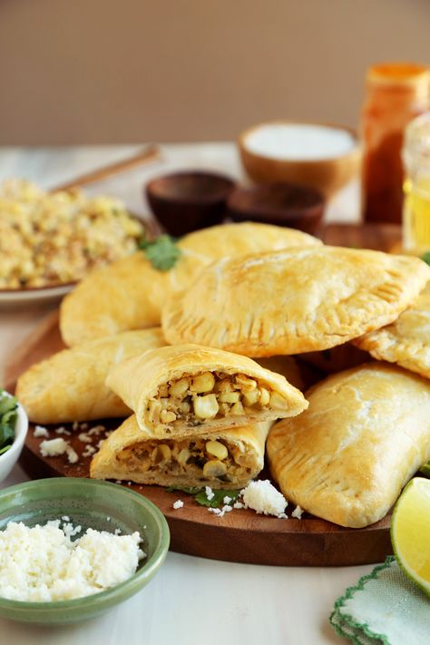 Corn Empanadas, Cheese Empanadas Recipe, Lime Crema, Mexican Crema, Pie Crust Dough, Corn Chicken, Creamy Corn, Cotija Cheese, Mexican Street Corn