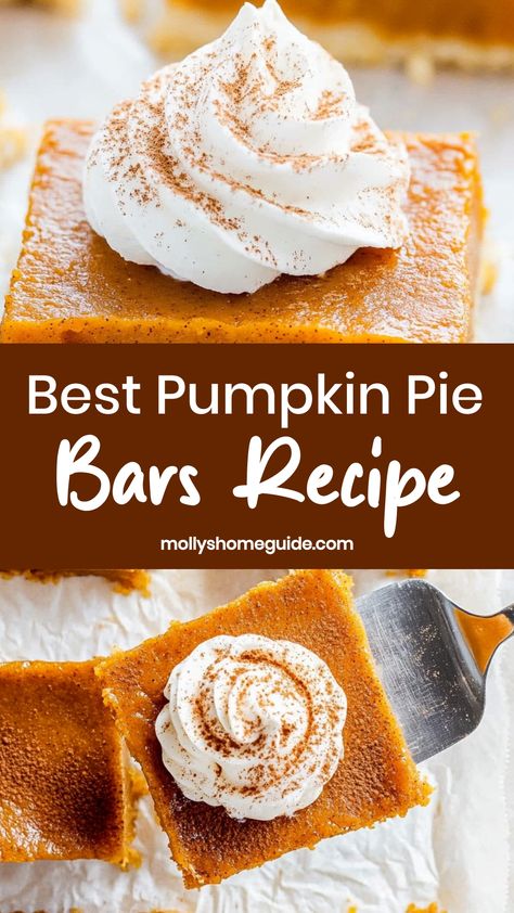 Indulge in the perfect fall treat with these delicious pumpkin pie bars. With a buttery graham cracker crust and creamy pumpkin filling, these bars are a must-have for your next autumn gathering. Easy to make and even easier to enjoy, these pumpkin pie bars are sure to be a hit with family and friends. Whether you're hosting a seasonal party or simply craving a sweet dessert, this recipe is guaranteed to satisfy your taste buds. Pecan Pie Bars Pioneer Woman Ree Drummond, Bisquick Pumpkin Bars, Crustless Pumpkin Pie Bars, Pumpkin Pie Recipes Dessert, Pumpkin Pie Bars Graham Cracker Crust, Pumpkin Pie Filling Desserts, Creamy Pumpkin Desserts, Pumpkin Sheet Pie, Easy Pumpkin Pie Bars