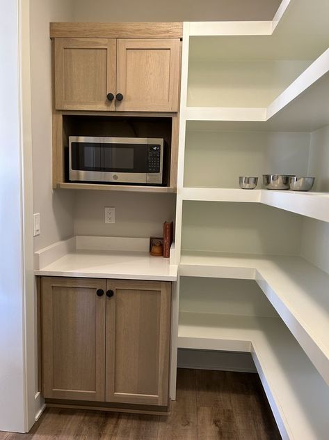 Small Pantry Design Ideas With Microwave, Coffee In Pantry, Pantry With Microwave Built Ins, Built In Microwave In Pantry, Vintage Pantry Design, L Shaped Pantry Cabinets, Small Pantry With Fridge, 4x5 Pantry, Small Appliances In Pantry