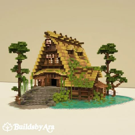 Minecraft 1 Chunk Builds, Bamboo Wood Minecraft, Minecraft Bamboo House 1.20, Bamboo Jungle House Minecraft, Farmland Minecraft Ideas, Bamboo House Minecraft 1.20, Minecraft African House, Mc Bamboo House, Asian Style Minecraft House