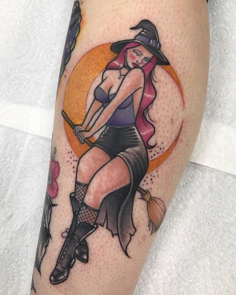 Witch Tattoo Traditional, Pinup Witch Tattoo, Witch Pinup Tattoo, Witch Pin Up Tattoo, Witch Pinup, Witchy Tattoos, Aa Tattoos, Tattoo Journal, Pagan Tattoo