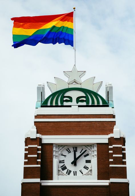 Starbucks Raises the Pride Flag Above Seattle Headquarters to celebrate Seattle Pride Weekend 2014. Seattle Pride, Pride Weekend, Howard Schultz, Religious Tolerance, Corporate Headquarters, Lgbtq Rights, Enemy Of The State, Lgbt Equality, Lgbt Rights