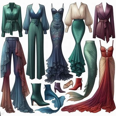 A detailed capsule wardrobe for vacation including blouses with shoulder emphasis, flowy bootcut pants, mermaid skirts, and draped mermaid dresses in deep and cool greens, blues, purples, and reds. materials include silk, velvet, fur, and cashmere - Image Creator from Microsoft Designer Mermaid Outfit Casual, Mythical Fashion, Blender Inspiration, Drawn Outfits, Dress References, Mermaid Skirts, Ren Faire Costume, Dark Sea, Mermaid Outfit