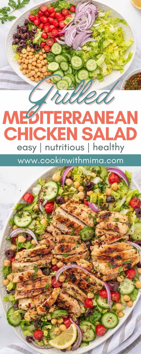 This Grilled Mediterranean Chicken Salad has so much flavor and I guarantee you will enjoy every crisp and delicious bite. The marinade features ingredients like lemon juice, red wine vinegar, and honey, and it also doubles as our salad dressing. Making this tasty recipe will give life to your everyday lunches! Mediterranean Grilled Chicken Salad, Mediterrean Chicken Salad, Mediterranean Chicken Salad Healthy, Mediterranean Salad With Chicken, Mediterranean Chicken Salad Recipes, Meteranian Salad, Grilled Chicken Salads, Mediterranean Chicken Marinade, Grilled Mediterranean Chicken