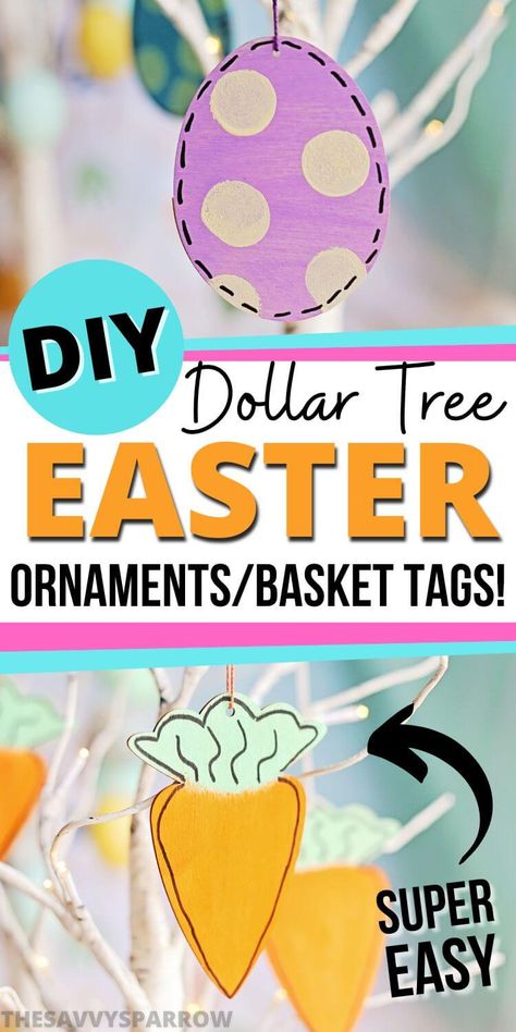 Looking for cute Dollar Tree Easter crafts to make this year? These super easy wooden Easter ornaments are made with Dollar Tree supplies like carrot and egg cut out shapes, paint, and string. Make these Easter crafts for your DIY decor, to hang on an Easter tree, to use as Easter basket tags, or to make into an Easter garland. The possibilities are endless! Easter Basket Tags Diy, Diy Easter Ornaments, Easter Ornaments Diy Ideas, Wooden Easter Crafts, Wooden Easter Basket, Easter Crafts To Make, Dollar Tree Easter Crafts, Diy Easter Decor, Easter Tree Ornaments