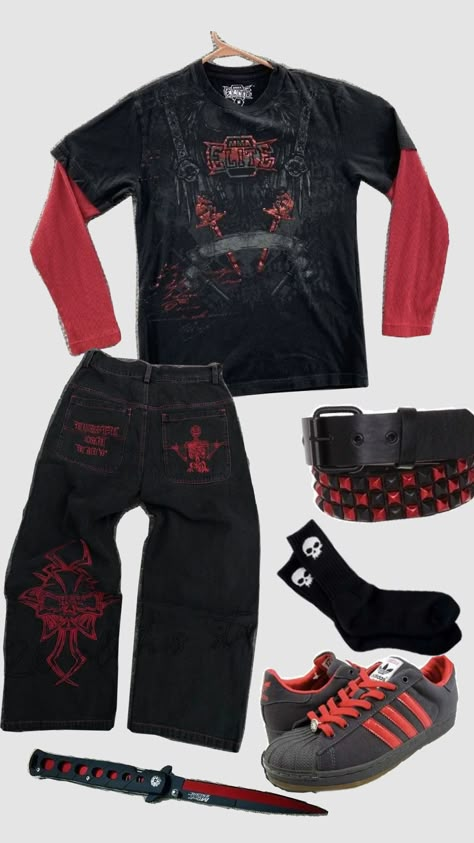 Streetwear outfit #1 Red Red And Black Hoodie Outfit, Grunge Outfits Red And Black, Red Baggy Outfit, Red Grunge Outfit, Red Outfit Aesthetic, Black Hoodie Outfit, Dc Sneakers, Yk2 Outfits, Affliction Clothing