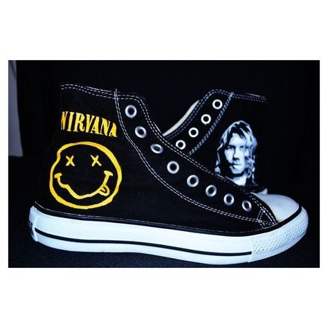 Nirvana handpainted converse shoes ❤ liked on Polyvore featuring shoes, acrylic shoes, converse footwear, converse shoes, star shoes e lucite shoes Women Shoes Casual, Shoes Star, Quotes Summer, Shoes Quotes, Simple Shoes, Shoes Drawing, Shoes Converse, Shoes Teen, Outfits With Converse