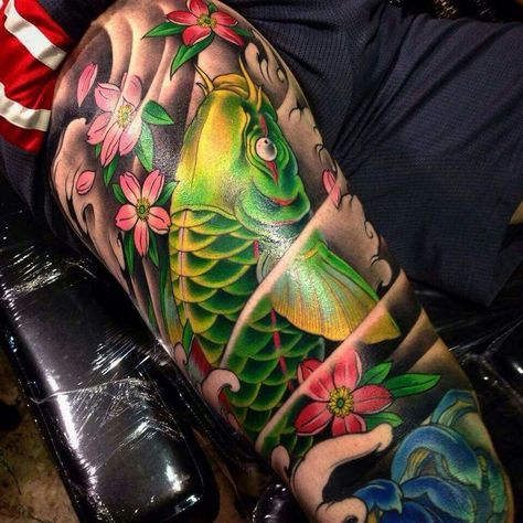 Love the green and yellow combo Green Koi Fish, Pez Koi Tattoo, Koi Dragon Tattoo, Carp Tattoo, Japanese Koi Fish Tattoo, Koi Tattoo Sleeve, Koi Tattoo Design, Koi Tattoo, Koi Fish Tattoo