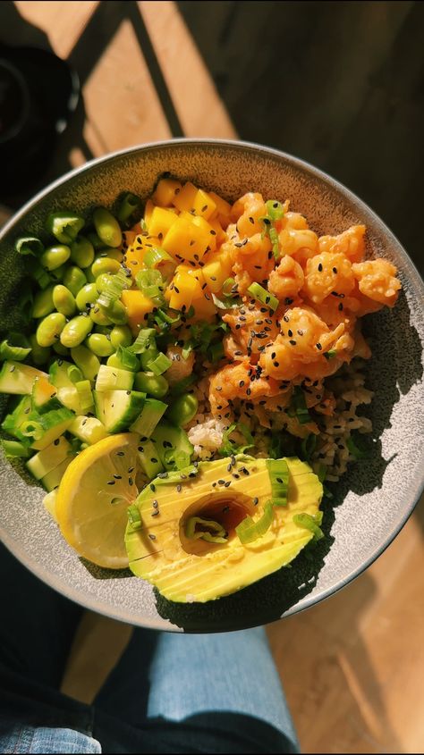 Spicy Shrimp Poke Bowl September Dinner Party, Spicy Shrimp Bowl, Shrimp Bowl Recipe, Shrimp Poke Bowl, September Dinner, Butter Poached Lobster Tail, September Recipes, Shelled Edamame, Lamb Shoulder Roast