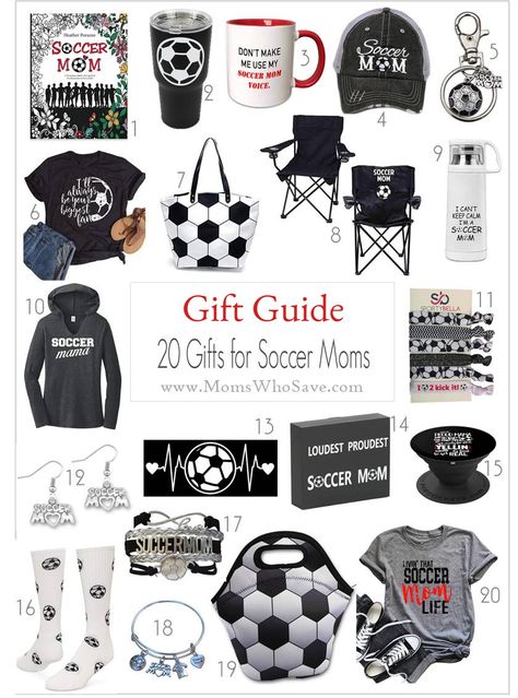 Gift Guide -- 20 Gifts for Soccer Moms | MomsWhoSave.com  #soccer #gifts #giftguide #gifts #HolidayGiftGuide  #ChristmasGift #Christmas End Of The Year Soccer Team Gifts, Gift Ideas For Soccer Players, Soccer Gifts For Boys, Soccer Goodie Bag Ideas Team Gifts, Soccer Goodie Bags, Soccer Coach Gift Ideas, Soccer Mom Bag, Soccer Mom Outfit Spirit Week, Soccer Gift Ideas