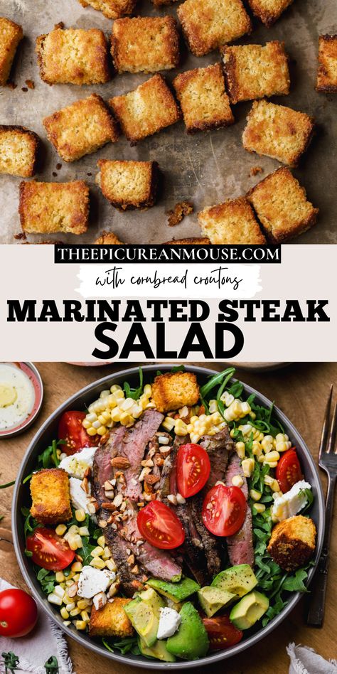 Arugula with marinated steak, corn, avocado, tomatoes, goat cheese and cornbread croutons Arugula Steak Salad, Crispy Cornbread, Tarragon Vinaigrette, Cornbread Croutons, Crouton Salad, Herb Vinaigrette, Cornbread With Corn, With Cornbread, Easy Main Dishes