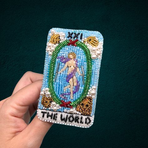 Tarot Card Jewelry, Embroidery Tarot, Tarot Card Embroidery, Tarot Embroidery, World Tarot Card, The World Tarot Card, The World Tarot, Brooch Embroidery, Portrait Embroidery