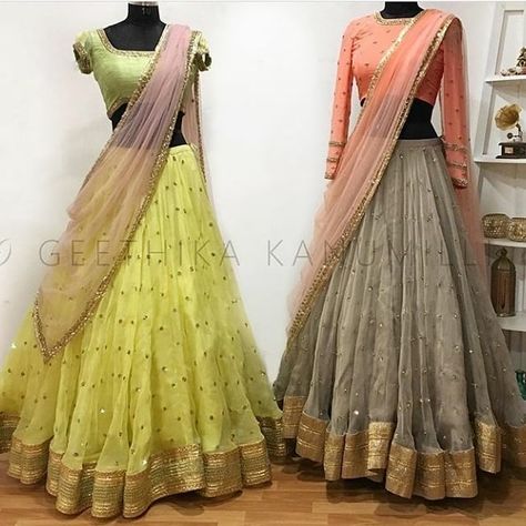 Shipping Worldwide. Fabric - Organza, Satin, Raw Silk. Work - Mirrors, Zari. Dupatta - Soft Net with lace work. Custom made outfit, Can be made in any color of choice. For price, orders & other information DM or Whats App on +91 9930089059 Happy Shopping. #Pastel Lehenga Set #Lehenga #Bridemaid #Classy Look Pavadai Thavani Design, Crop Top Lehenga With Dupatta, Net Half Saree, Pavadai Thavani, Geethika Kanumilli, Pink Color Lehenga, Chanderi Lehenga, Pastel Lehenga, Lehenga And Blouse