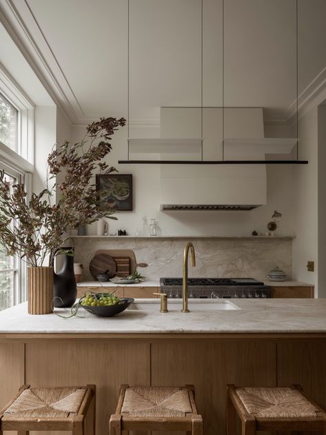 Adrienne Totoro's Brooklyn Brownstone Artfully Updated by Bangia Agostinho Brownstone Townhouse, Brownstone Interiors, Brooklyn Brownstone, Kitchen Desk, Vintage Stool, The Local Project, Brick Flooring, Brooklyn New York, Contemporary Living