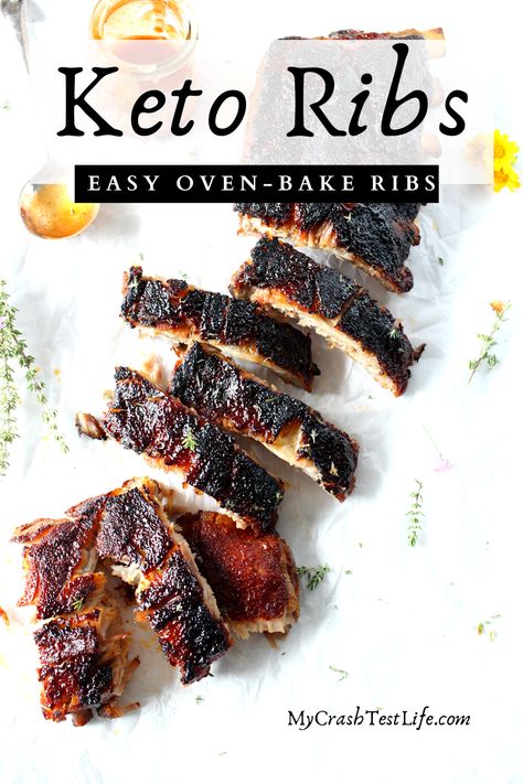 These Easy Keto BBQ Oven-Baked Ribs doused in a homemade sugar-free BBQ sauce are the perfect blend of sweet, salty, savoury and tender. Making ribs in the oven is not only an easier option than grilling but also takes very little time or effort. Amazingly tender, these foolproof ribs are perfect regardless of the weather! Keto Pork Ribs In The Oven, Keto Spare Ribs, Bbq Ribs In The Oven Easy Quick, Quick Ribs In Oven, Keto Bbq Ribs Oven, Back Ribs In Oven, Keto Bbq Sauce, Baked Bbq Ribs, Ribs In Oven