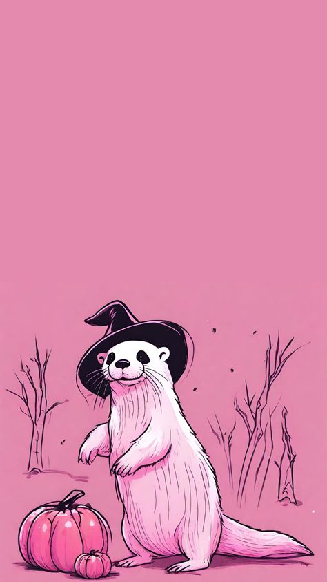 A cute ai drawn otter standing in a witch hat beside a pumpkin Otter Lockscreen, Halloween Otter, Otter Wallpapers, Wallpaper Normal, Halloween Lockscreen, Fall Lockscreen, Pink Lockscreen, Cute Halloween Wallpaper, Autumn Wallpapers