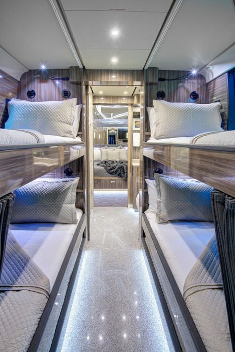 Tour Bus Bunks, Bus Motorhome Interior, Luxury Bus Interior, Luxury Tour Bus, Luxury Motorhomes Interiors, Luxury Tour Bus Interior, Coach Bus, Camper Bus, Travel Bus