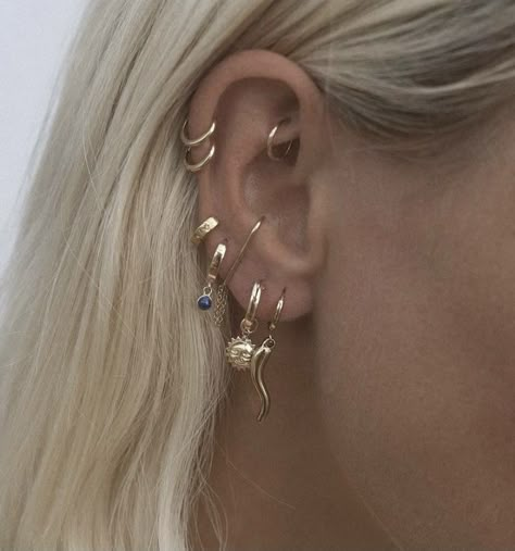 Bunch Of Ear Piercings, Piercing Conch, Chunky Gold Hoop Earrings, Pretty Ear Piercings, Piercing Tragus, Stacked Earrings, Dope Jewelry, Nail Jewelry, Jewelry Lookbook