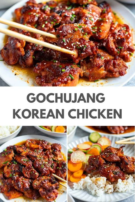 Korean Braised Chicken Recipes, Baked Asian Chicken Thighs, Japanese Chicken Thigh Recipes, Korean Chicken Thigh Recipe, Chicken Japchae, Gojuchang Chicken, Recipes With Gochujang, Gochujang Chicken Thighs, Gochujang Glaze