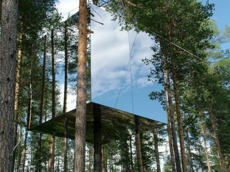 Almost Invisible Mirrored Tree House Built In Sweden House Of Mirrors, Treehouse Hotel, Sweden House, Tree House Designs, Mirror House, Glass Cube, Tree Hugger, House Built, Sustainable Design