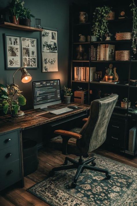 A warm and rustic Dark Modern Office setup with dark wood furniture, lush plants, and cozy lighting, perfect for those looking for Moody Office Ideas to create a Dark Moody Small Home Office or a stylish Home Office Dark space. Moody Office Ideas, Office In A Small Space, Dark Home Office, Home Office Dark, Moody Office, Dark Cottagecore Decor, Guest Bedroom Home Office, Office Dark, Office Idea