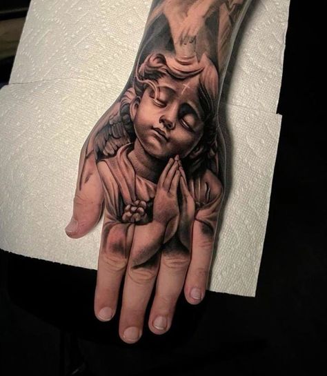 Angel Hand Tattoo, Jesus Hand Tattoo, Angel Sleeve Tattoo, Unique Hand Tattoos, Nautical Tattoo Sleeve, Jesus Tattoo Design, Praying Hands Tattoo, Biblical Tattoos, Bible Tattoos