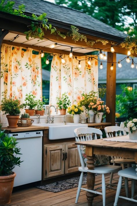 Discover 29 cozy covered outdoor kitchen ideas that combine vintage decor, rustic furniture, and string lights for the perfect entertaining space. This image showcases a charming setup featuring floral curtains and potted plants, emphasizing a beautiful outdoor dining atmosphere. Kitchen Courtyard, Covered Outdoor Kitchens, Entertaining Outdoors, Rustic Wooden Furniture, Outdoor Kitchen Ideas, Cozy Cover, Floral Curtains, Wooden Furniture, Outdoor Entertaining