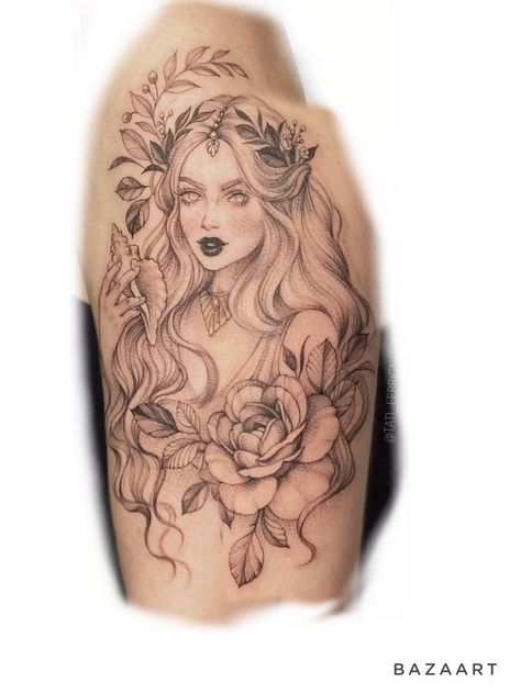 Winged Goddess Tattoo, Aphrodite Goddess Tattoo Design, Demeter Tattoo Goddesses, Green Goddess Tattoo, Goddess Of Strength Tattoo, Mother Goddess Tattoo, Tattoos Of Women Goddesses, Female Face Tattoo Ideas, Nature Goddess Tattoo