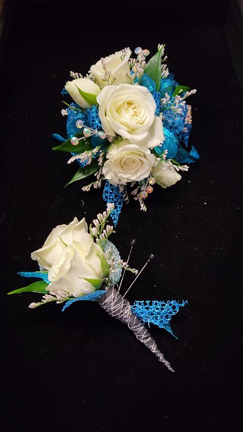 Turquoise Corsage And Boutonniere, White And Teal Corsage, Blue And White Prom Flowers, Teal Prom Flowers, Teal Corsage And Boutonniere, Teal Corsage, Hoco Corsage, Peacock Blue Dress, Prom Things