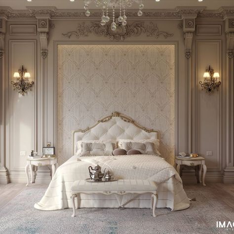 Classic master bedroom Master Bedrooms Neo Classic, Classical Bedroom Interior, Expensive Bedroom Luxury, Classic Interior Design Bedroom, Neoclassical Interior Design Luxury, King Size Bed Master Bedrooms, Pakistani House, New Classic Bedroom, Hall Room Design