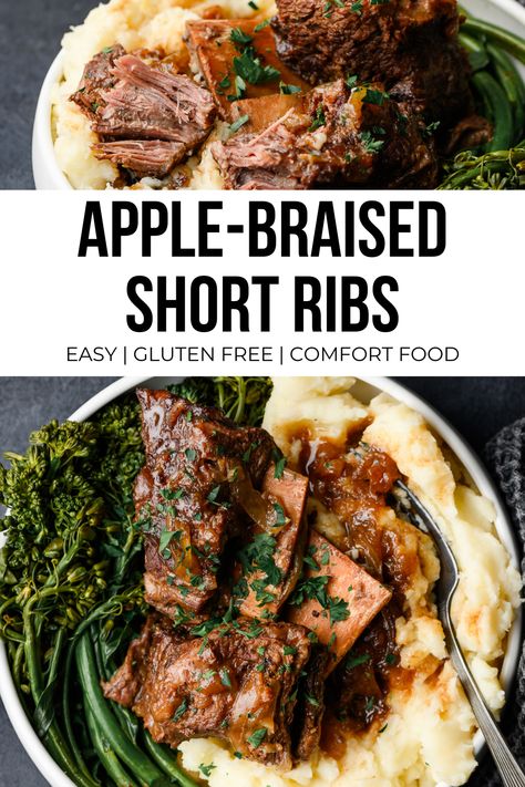 Apple cider braised beef short ribs are the perfect comforting meal for fall and winter dinners! Best made in a dutch oven, this is a go-to recipe for fall-off-the-bone braised short ribs that packs a bunch of flavor. An amazing comfort food gluten free winter recipe! Short Rib Meals, Beef Short Ribs In Dutch Oven, Braised Short Ribs Without Wine, Short Ribs Christmas Dinner, Apple Cider Braised Short Ribs, Impressive Dinner For Two, Winter Gluten Free Dinner, Meal For Cold Weather, Beef Short Ribs Dinner Ideas