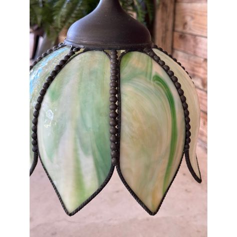 Gorgeous Mid 20th century green slag glass tulip lotus swag pendant light with beaded brass details.  This has a long 6 ft chain with plug In electric cord and does work. Beautiful pendant light for a MCM regency style.  Please zoom in on all photos and reach out via comment section with any questions happy to help. Swag Pendant Light, Lake Kitchen, Stained Glass Door, Antique Finds, Art Deco Decor, Interior Room, Deco Decor, Kids Interior Room, Green Power