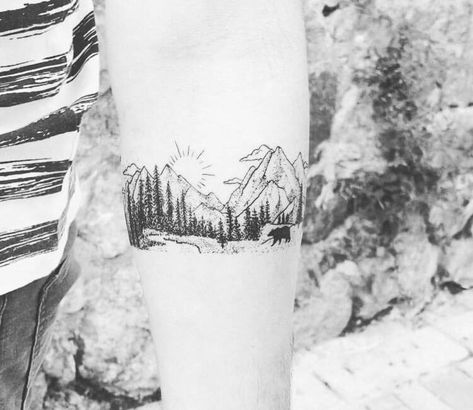 Mountains tattoo by Resul Odabas Tattoo | Post 29756 Montana Tattoo, Moutain Tattoos, Farm Tattoo, Small Mountain Tattoo, Arm Wrap Tattoo, Nature Tattoo Ideas, Tattoo Mountain, Pine Tattoo, Mountains Tattoo