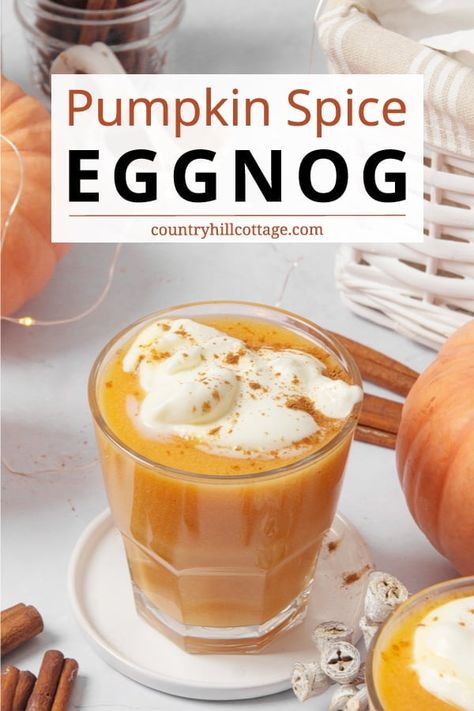 Give classic eggnog a twist with this delicious and rich homemade pumpkin eggnog recipe! It’s the perfect holiday drink to celebrate the festive season with your family and friends! Made with pumpkin puree and cozy spices, the recipe is easy and an absolute treat! Pumpkin puree adds to the wonderful creaminess of this drink. Combined with pumpkin pie spice, it’s just another level of cozy goodness. It’s the perfect cozy beverage for Thanksgiving and Christmas. | CountryHillCottage.com Pumpkin Spice Eggnog, Homemade Eggnog Easy, Spiced Eggnog Drinks, Pumpkin Spice Eggnog Recipe, Pumpkin Eggnog Recipe, Non Alcoholic Eggnog Recipe, Pumpkin Eggnog, Homemade Eggnog Recipe, Holiday Coffee Drinks