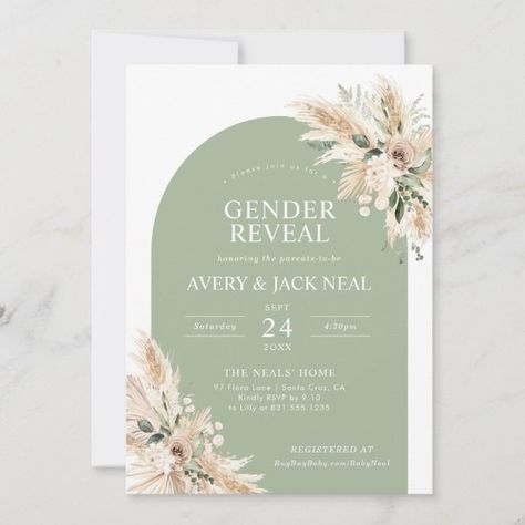 Sage Green Pampas Grass Baby Gender Reveal Invitation Boho Gender Reveal Party, Green Pampas, Bohemian Baby, Gender Reveal Invitations, Baby Gender Reveal, Boho Baby Shower, Baby Reveal, Baby Gender, Neutral Baby Shower