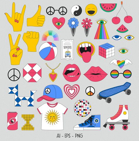 Symbols of the 90s su Behance 90s Clipart, Funky Graphic, 90s Design, 80s Theme, Youth Clothing, Clothing Design, Inspirational Images, Aesthetic Design, The 90s