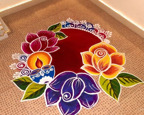 Rangoli Designs With Social Message, Rangoli Designs Fir Diwali, Freestyle Rangoli Designs, New Rangoli Designs Easy, Flower Design Rangoli Diwali, Rangoli Small Designs Easy, Laxmi Pujan Rangoli Design Simple Latest, Dhanatrayodashi Rangoli, Ganesh Rangoli Easy