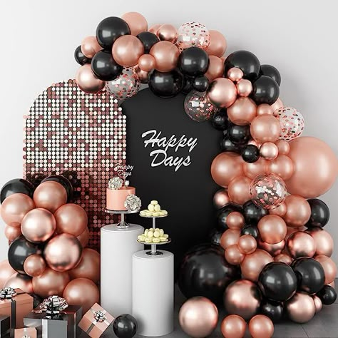 Rose Gold Balloon Arch, Confetti Balloons Birthday, Rose Gold Party Decor, Black And Gold Balloons, Rose Gold Theme, Anniversary Party Decorations, Rose Gold Decor, Gold Confetti Balloons, Gold Party Decorations