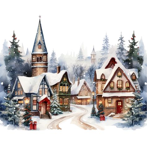 Christmas Village Watercolor, Christmas Village Drawing, Christmas House Drawing, Christmas Town Illustration, Christmas Watercolours, Watercolor Village, House Illustrations, Village Drawing, Winter Drawings