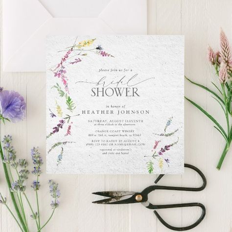 Elegant Wildflower Watercolor Floral Bridal Shower Invitation Bridal Luncheon Invitations, Watercolor Bridal Shower Invitations, Wildflower Invitation, Invitations Pink, Wildflower Watercolor, Lavender Cream, Wedding Announcement Cards, Bridal Brunch Invitations, Botanical Leaves