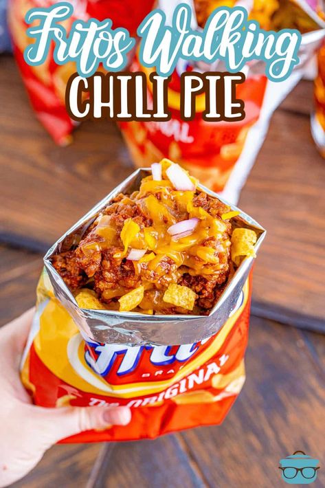 Frito Chili Pie is a Texas favorite! Frito corn chips topped with an easy homemade chili, shredded cheese and diced onions! Chili In Frito Bag Walking Tacos, Chili Cheese Fritos In A Bag, Fritos Walking Taco, Homemade Chili For Frito Pie, Frito Bag Chili, Chilli Cheese Fritos Recipes, Chilli With Fritos, Frito Pie In A Bag, Chilli Cheese Frito Pie