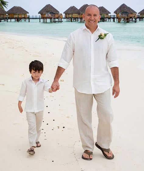 Beach Wedding Attire For Groom | Wedding Tropics Beach Wedding Parents Attire, Groomsmen Attire Beach Wedding Shorts, Groom Outfit Beach Wedding Linen Shirts, Boys Beach Wedding Outfit, Linen Groomsmen Attire Beach, Beach Wedding Couple Outfit, Beach Wedding Clothes For Men, Beach Wedding Men’s Outfit, Tropical Groomsmen Attire