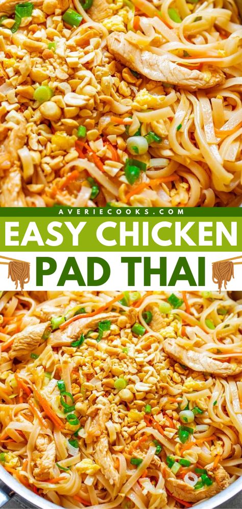 A gluten-free main dish! This easy chicken pad thai recipe is ready in just 20 minutes. With an authentic taste, this homemade pad thai is so much better than takeout. Plus, this chicken dinner idea feeds a crowd! Thai Chicken And Noodles Easy Recipes, Pad Thai With Cabbage, East Asian Noodle Recipes, Thai Chicken And Cabbage Skillet, Thai Chicken And Noodles, Quick Pad Thai Recipe, Pad Thai Soup Recipes, Shredded Chicken Recipes Asian, Recipes With Pad Thai Noodles