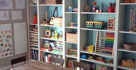 1000+ images about Ikea Billy Bookcases for house on Pinterest ... Toy Storage Hacks, Ikea Storage Solutions, Kitchen Storage Organization Diy, Farmhouse Playroom, Ikea Toy Storage, Kids Room Desk, Ikea Toys, Billy Ikea, Ikea Kids Room